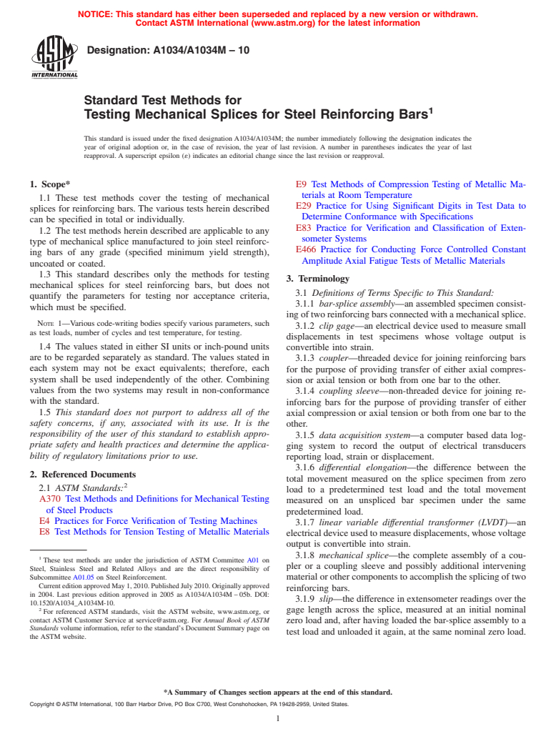 ASTM A1034/A1034M-10 - Standard Test Methods for Testing Mechanical Splices for Steel Reinforcing Bars