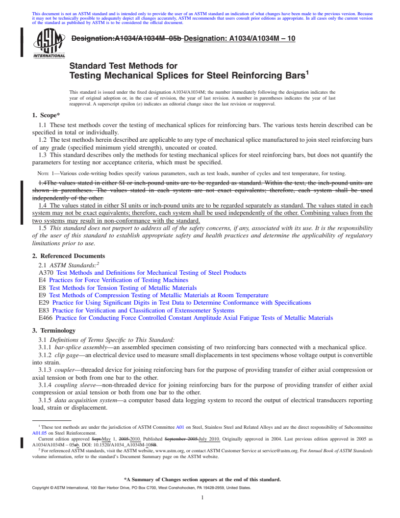 REDLINE ASTM A1034/A1034M-10 - Standard Test Methods for Testing Mechanical Splices for Steel Reinforcing Bars