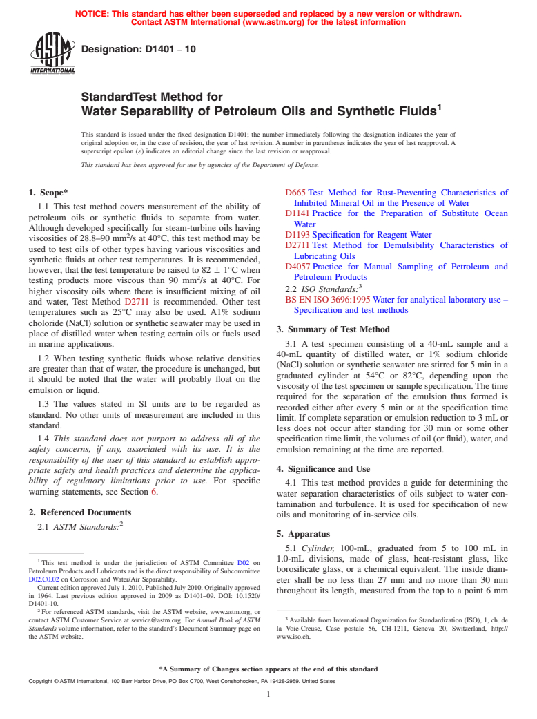ASTM D1401-10 - Standard Test Method for Water Separability of Petroleum Oils and Synthetic Fluids