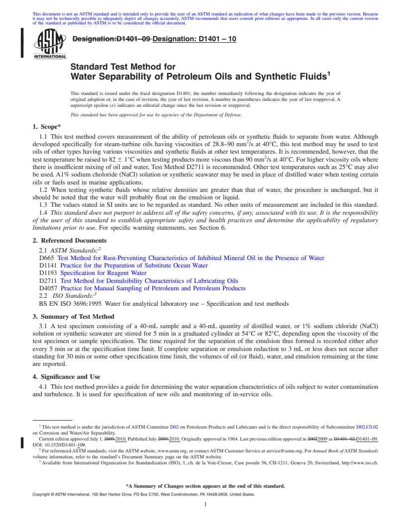 REDLINE ASTM D1401-10 - Standard Test Method for Water Separability of Petroleum Oils and Synthetic Fluids