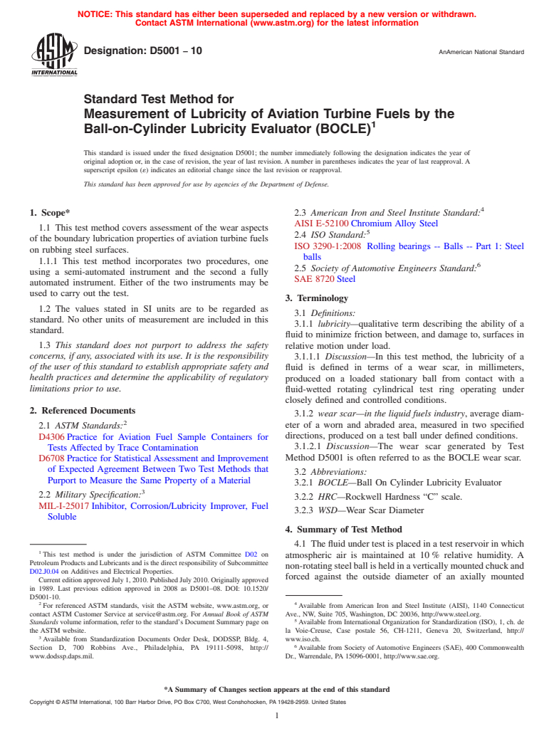 ASTM D5001-10 - Standard Test Method for Measurement of Lubricity of Aviation Turbine Fuels by the Ball-on-Cylinder Lubricity Evaluator (BOCLE)