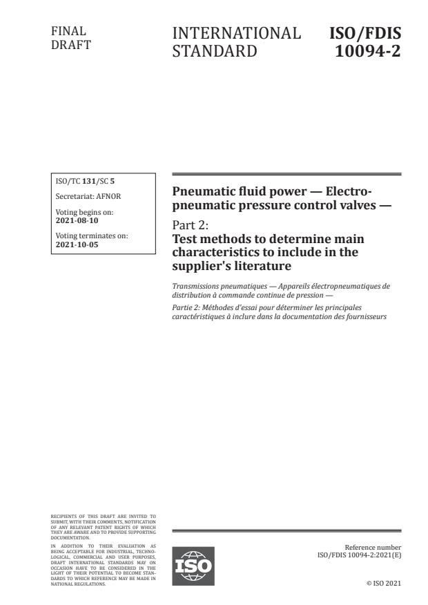 ISO/FDIS 10094-2:Version 07-avg-2021 - Pneumatic fluid power -- Electro-pneumatic pressure control valves