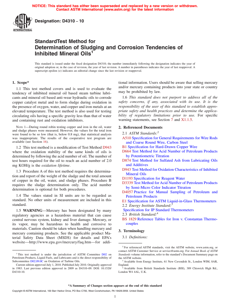 ASTM D4310-10 - Standard Test Method for Determination of Sludging and Corrosion Tendencies of Inhibited Mineral Oils