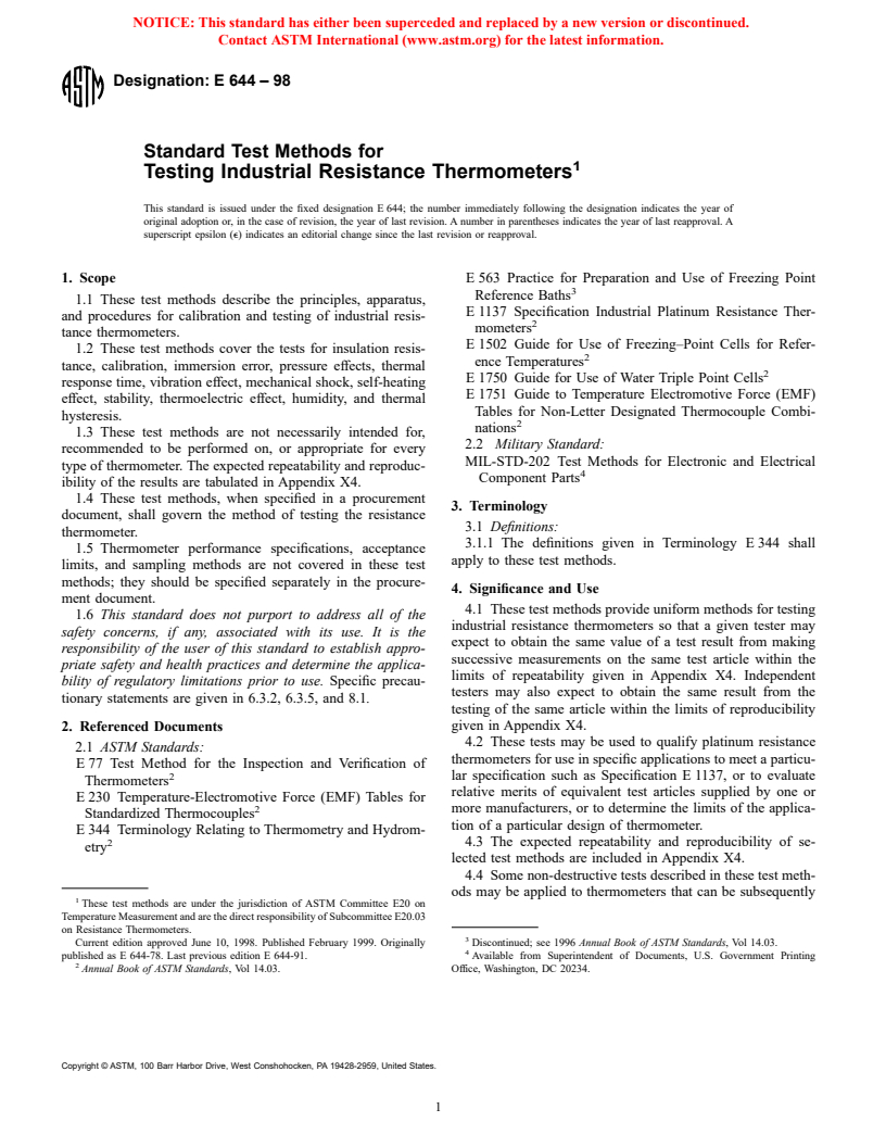 ASTM E644-98 - Standard Test Methods for Testing Industrial Resistance Thermometers