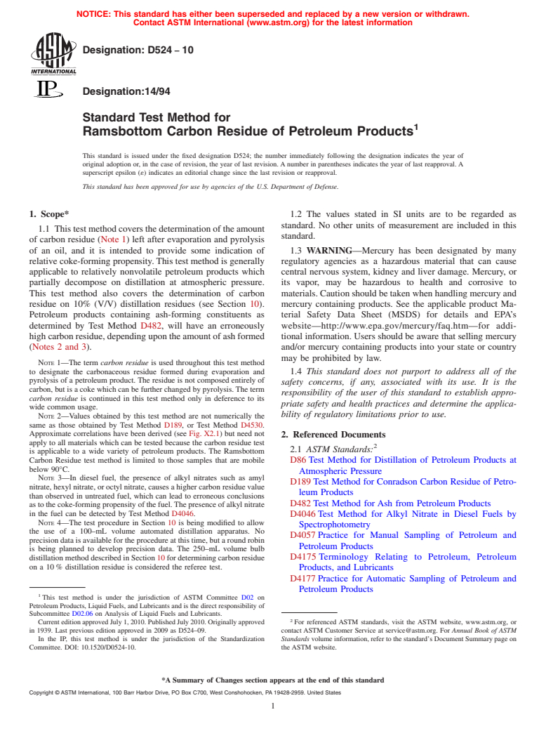 ASTM D524-10 - Standard Test Method for Ramsbottom Carbon Residue of Petroleum Products