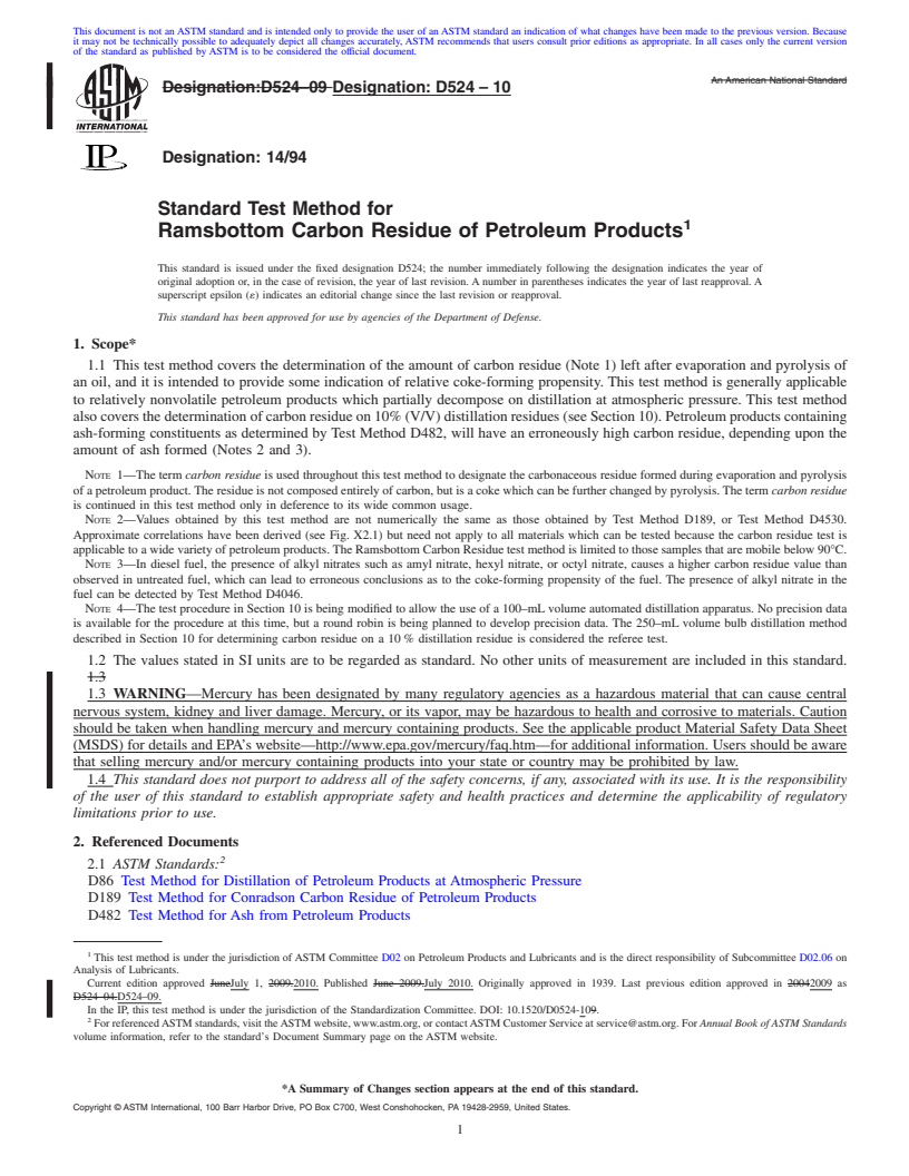 REDLINE ASTM D524-10 - Standard Test Method for Ramsbottom Carbon Residue of Petroleum Products