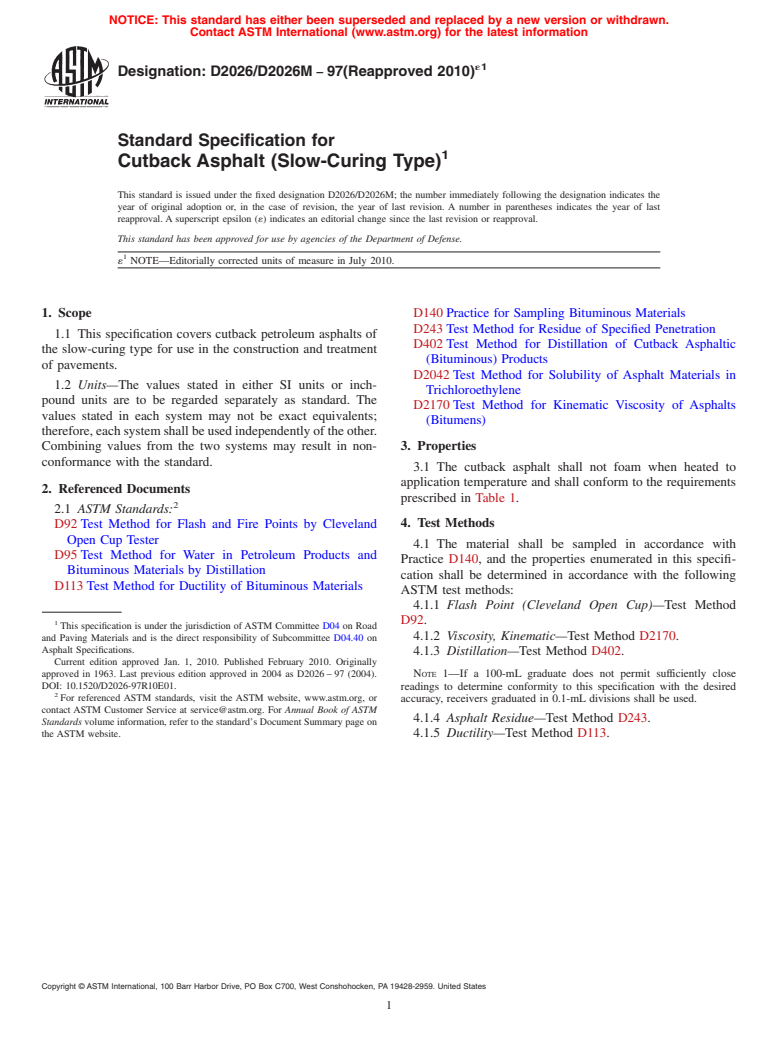 ASTM D2026/D2026M-97(2010)e1 - Standard Specification for Cutback Asphalt (Slow-Curing Type)