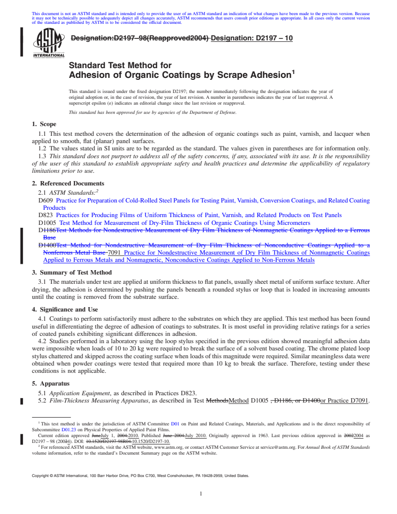 REDLINE ASTM D2197-10 - Standard Test Method for Adhesion of Organic Coatings by Scrape Adhesion