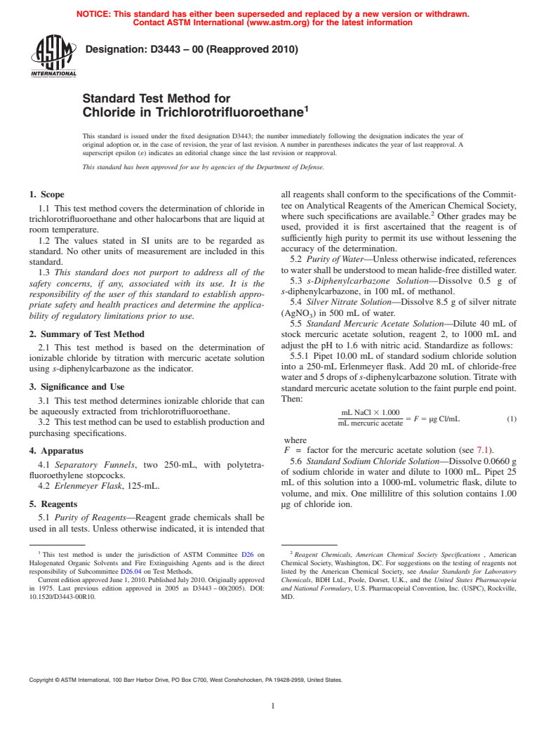 ASTM D3443-00(2010) - Standard Test Method for Chloride in Trichlorotrifluoroethane