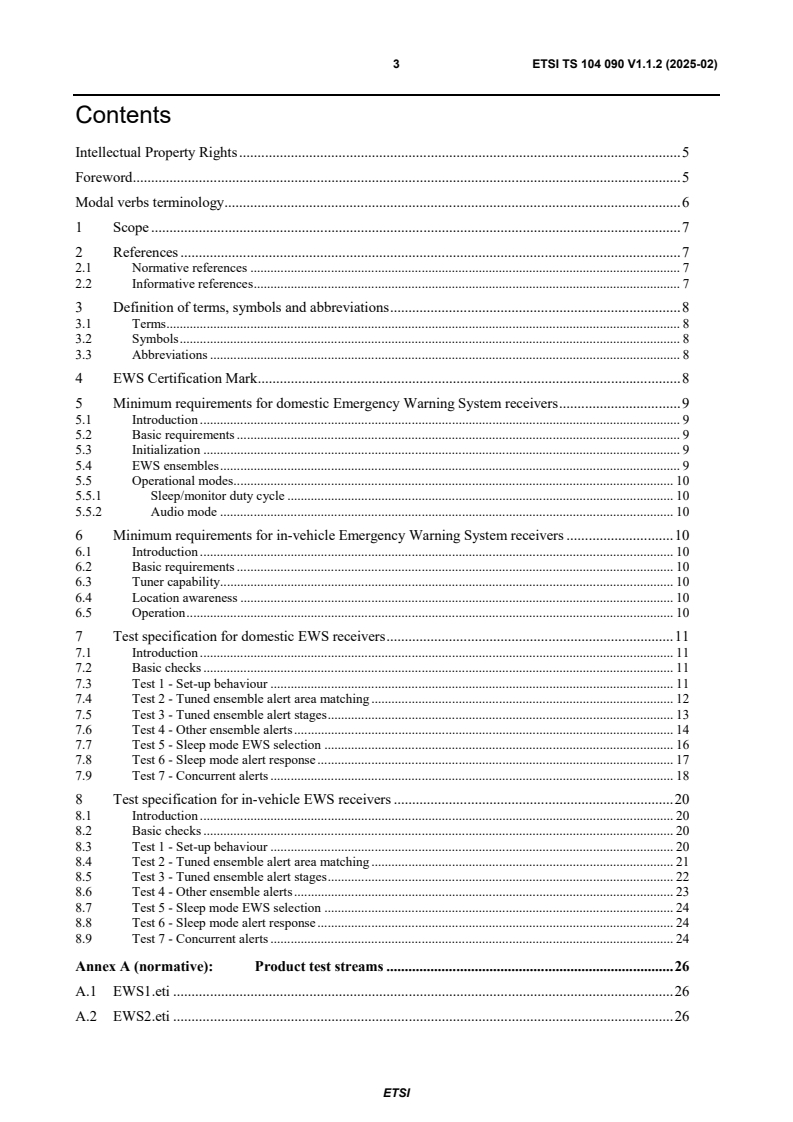 ETSI TS 104 090 V1.1.2 (2025-02) - Digital Audio Broadcasting (DAB); Emergency Warning System (EWS); Minimum requirements and test specifications for receivers