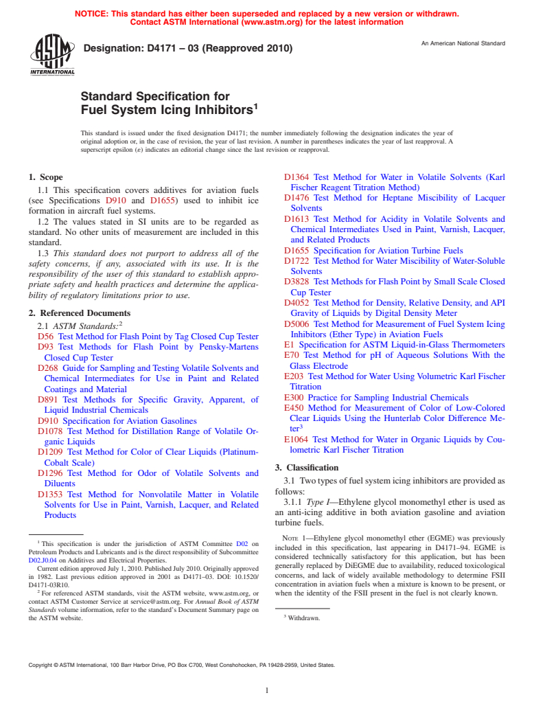 ASTM D4171-03(2010) - Standard Specification for Fuel System Icing Inhibitors