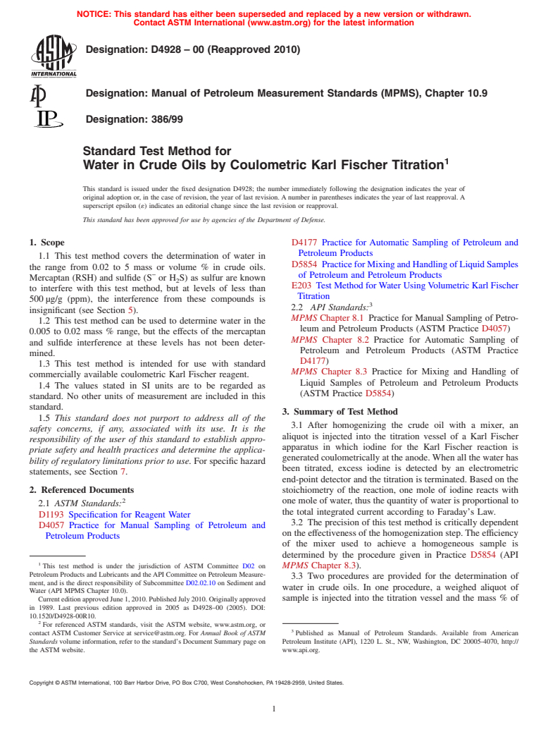 ASTM D4928-00(2010) - Standard Test Methods for Water in Crude Oils by Coulometric Karl Fischer Titration