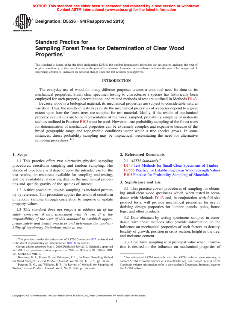 ASTM D5536-94(2010) - Standard Practice for Sampling Forest Trees for Determination of Clear Wood Properties