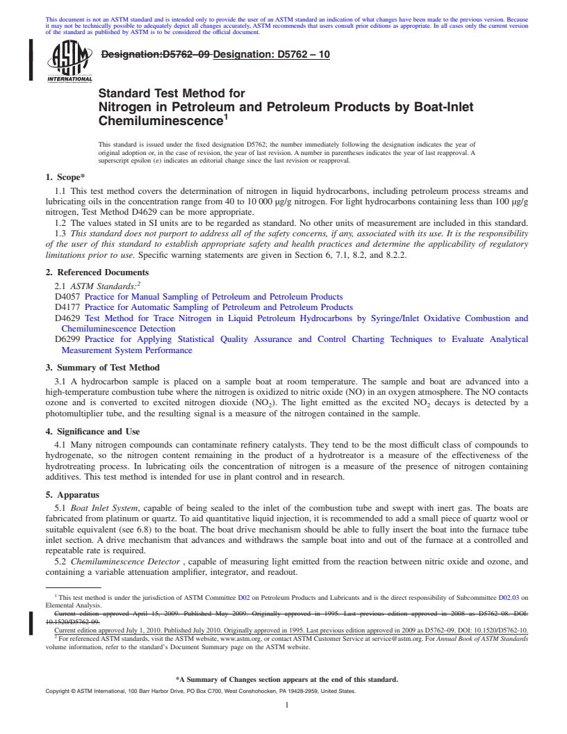 REDLINE ASTM D5762-10 - Standard Test Method for Nitrogen in Petroleum and Petroleum Products by Boat-Inlet Chemiluminescence