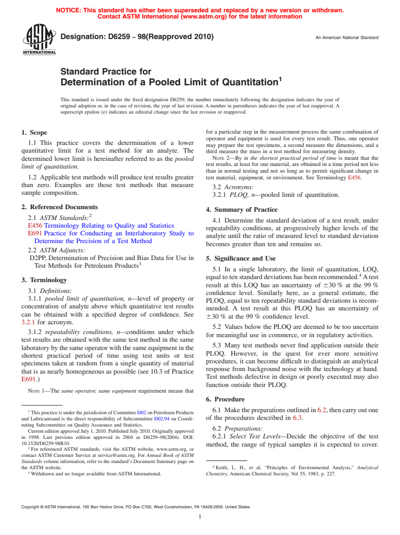 ASTM D6259-98(2010) - Standard Practice for Determination of a Pooled Limit of Quantitation