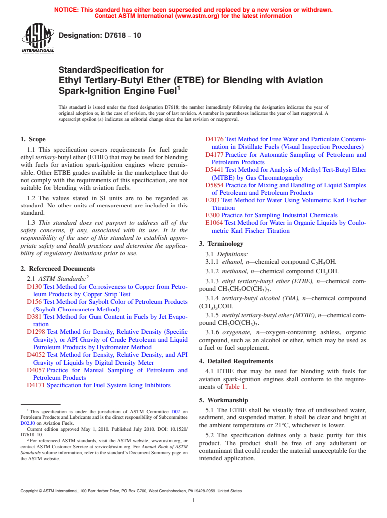 ASTM D7618-10 - Standard Specification for Ethyl Tertiary-Butyl Ether (ETBE) for Blending with Aviation Spark-Ignition Engine Fuel