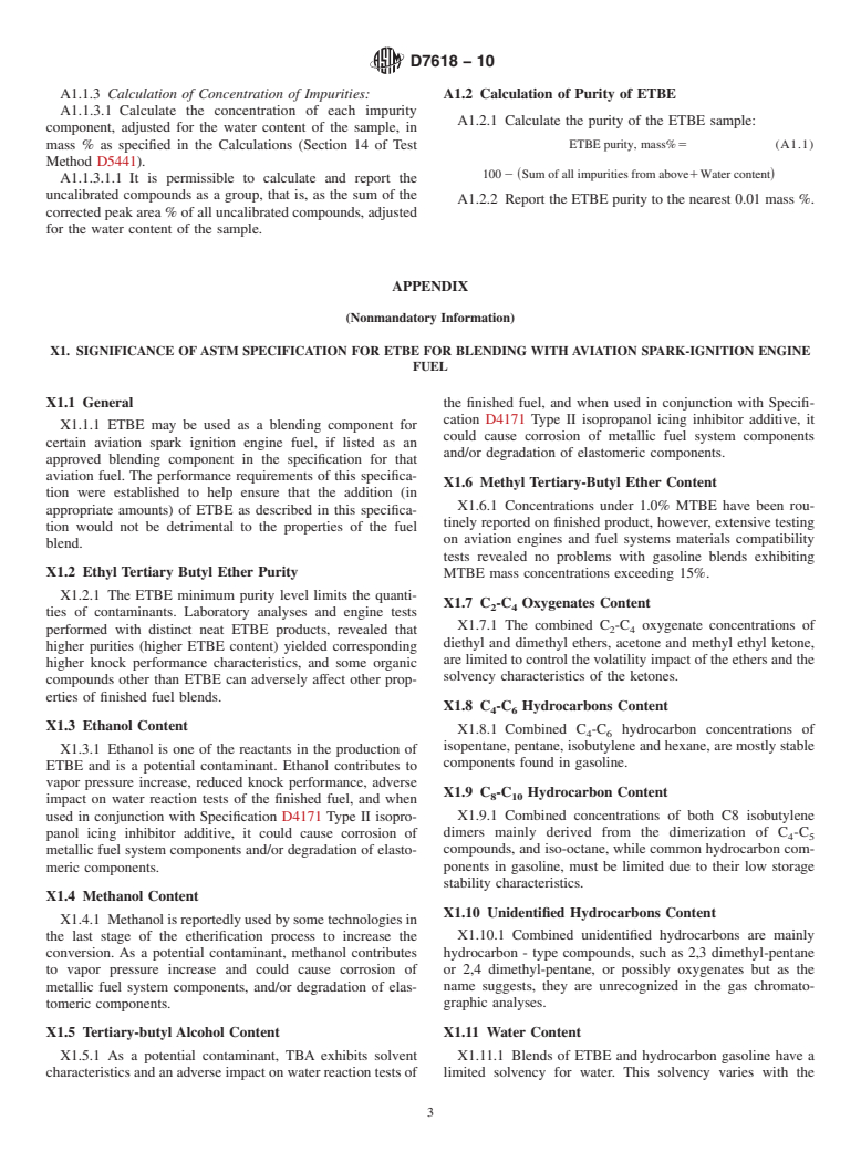 ASTM D7618-10 - Standard Specification for Ethyl Tertiary-Butyl Ether (ETBE) for Blending with Aviation Spark-Ignition Engine Fuel