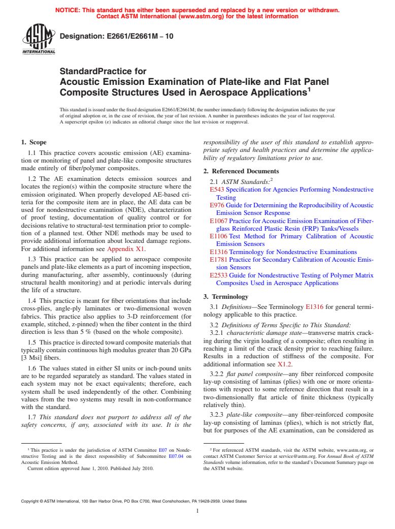 ASTM E2661/E2661M-10 - Standard Practice for Acoustic Emission Examination of Plate-like and Flat Panel Composite Structures Used in Aerospace Applications