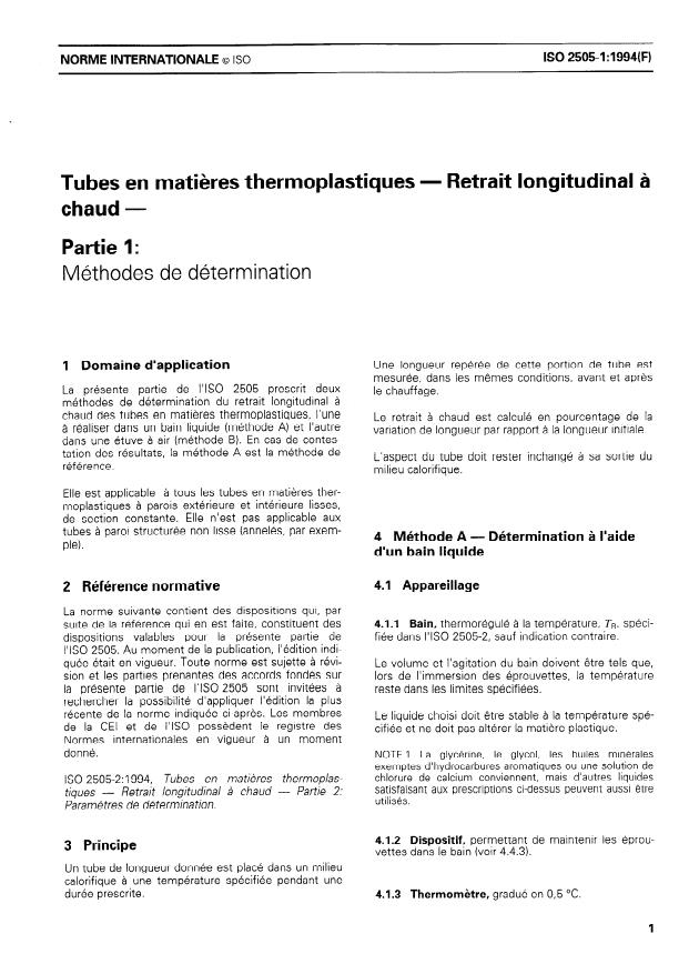 ISO 2505-1:1994 - Tubes en matieres thermoplastiques -- Retrait longitudinal a chaud