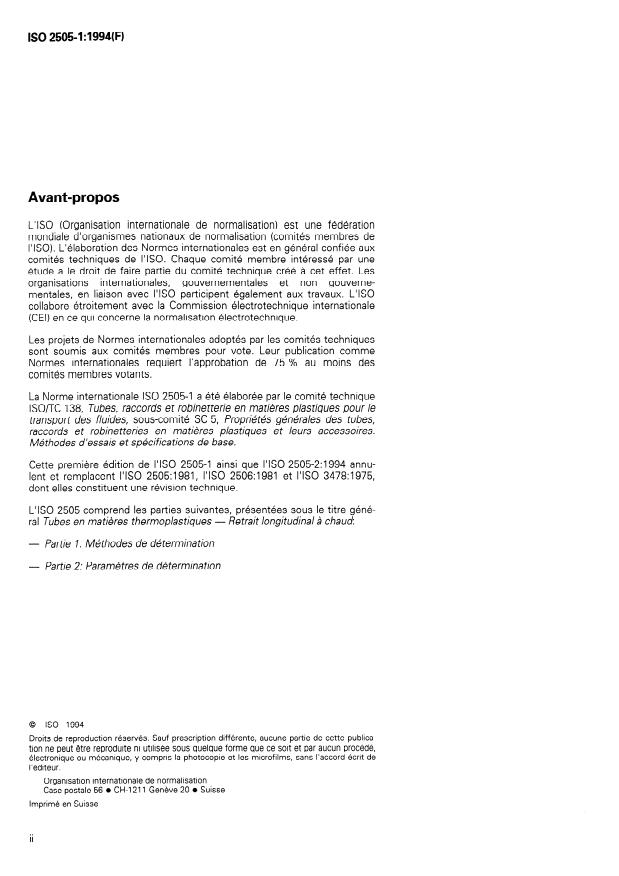 ISO 2505-1:1994 ISO 2505-1:1994 - Tubes en matieres thermoplastiques -- Retrait longitudinal a chaud - Page 2 preview