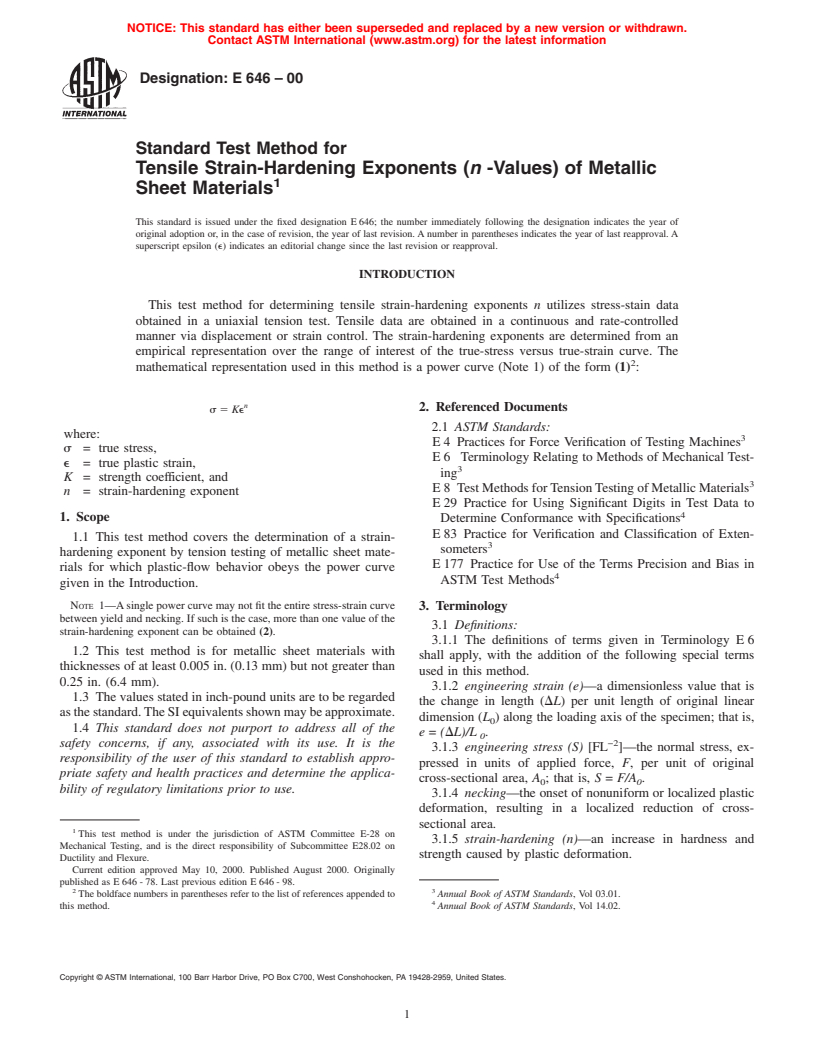 ASTM E646-00 - Standard Test Method for Tensile Strain-Hardening Exponents (n-Values) of Metallic Sheet Materials