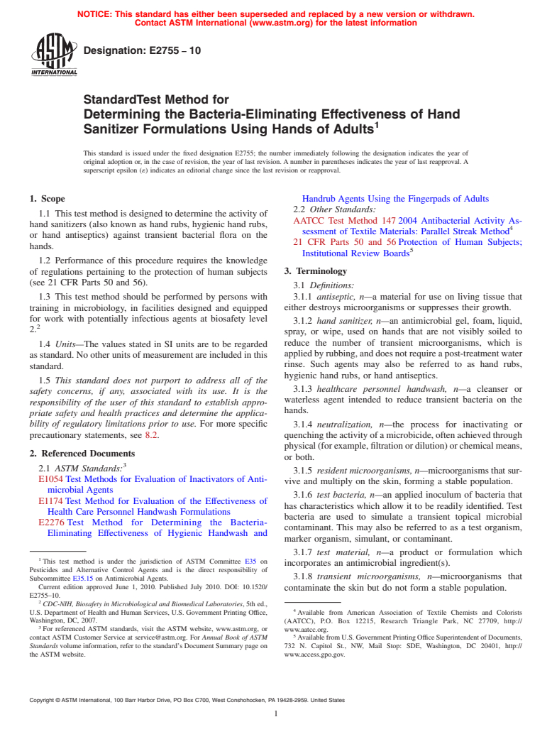 ASTM E2755-10 - Standard Test Method for Determining the Bacteria-Eliminating Effectiveness of Hand Sanitizer Formulations Using Hands of Adults