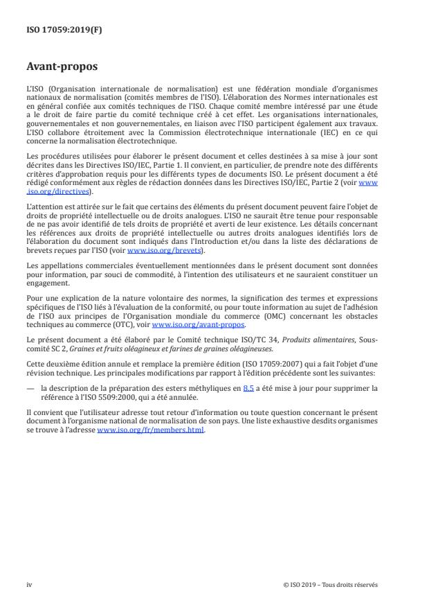 ISO 17059:2019 ISO 17059:2019 - Graines oléagineuses -- Extraction de l'huile et préparation des esters méthyliques d'acides gras de triglycérides pour analyse par chromatographie en phase gazeuse (méthode rapide) - Page 4 preview