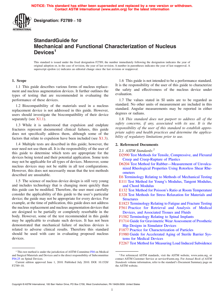 ASTM F2789-10 - Standard Guide for Mechanical and Functional Characterization of Nucleus Devices