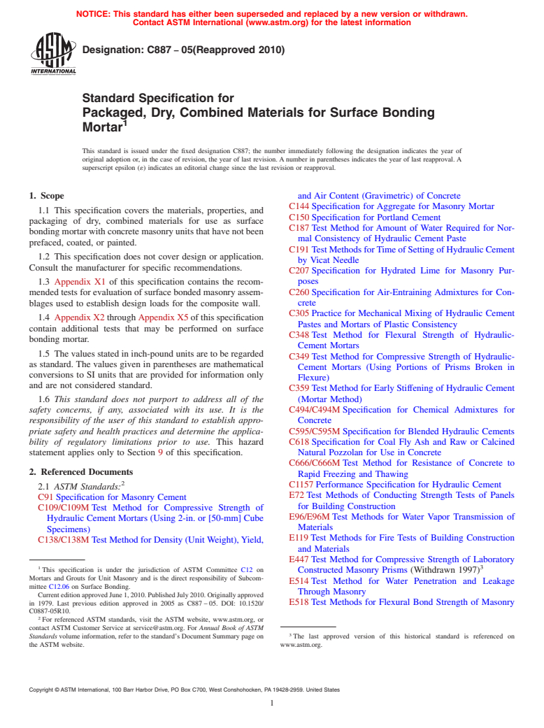 ASTM C887-05(2010) - Standard Specification for Packaged, Dry, Combined Materials for Surface Bonding Mortar