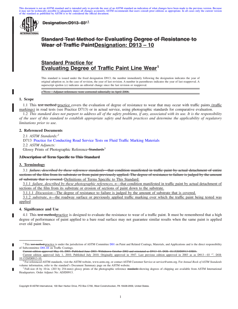 REDLINE ASTM D913-10 - Standard Practice for  Evaluating Degree of Traffic Paint Line Wear