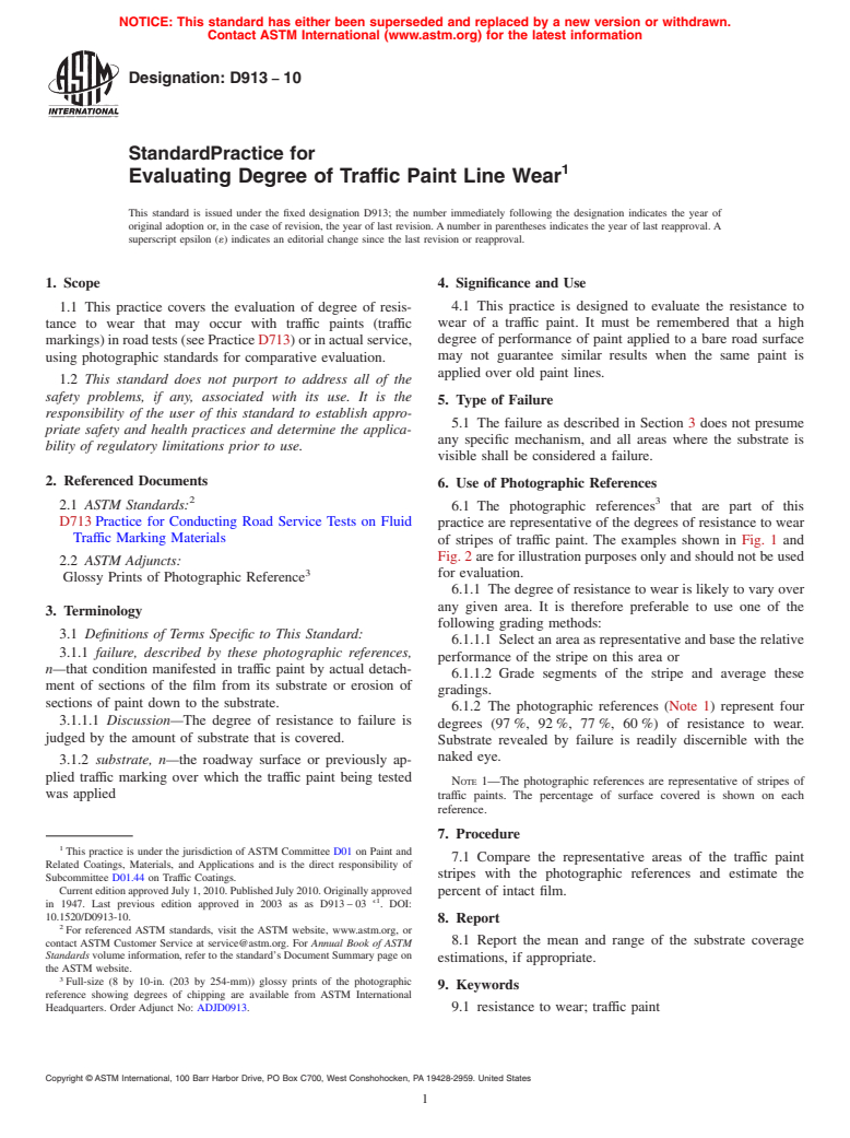 ASTM D913-10 - Standard Practice for  Evaluating Degree of Traffic Paint Line Wear