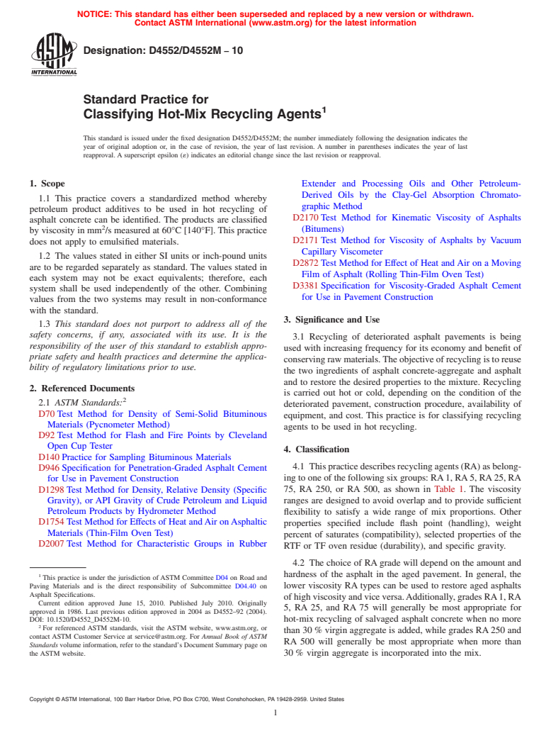 ASTM D4552/D4552M-10 - Standard Practice for Classifying Hot-Mix Recycling Agents