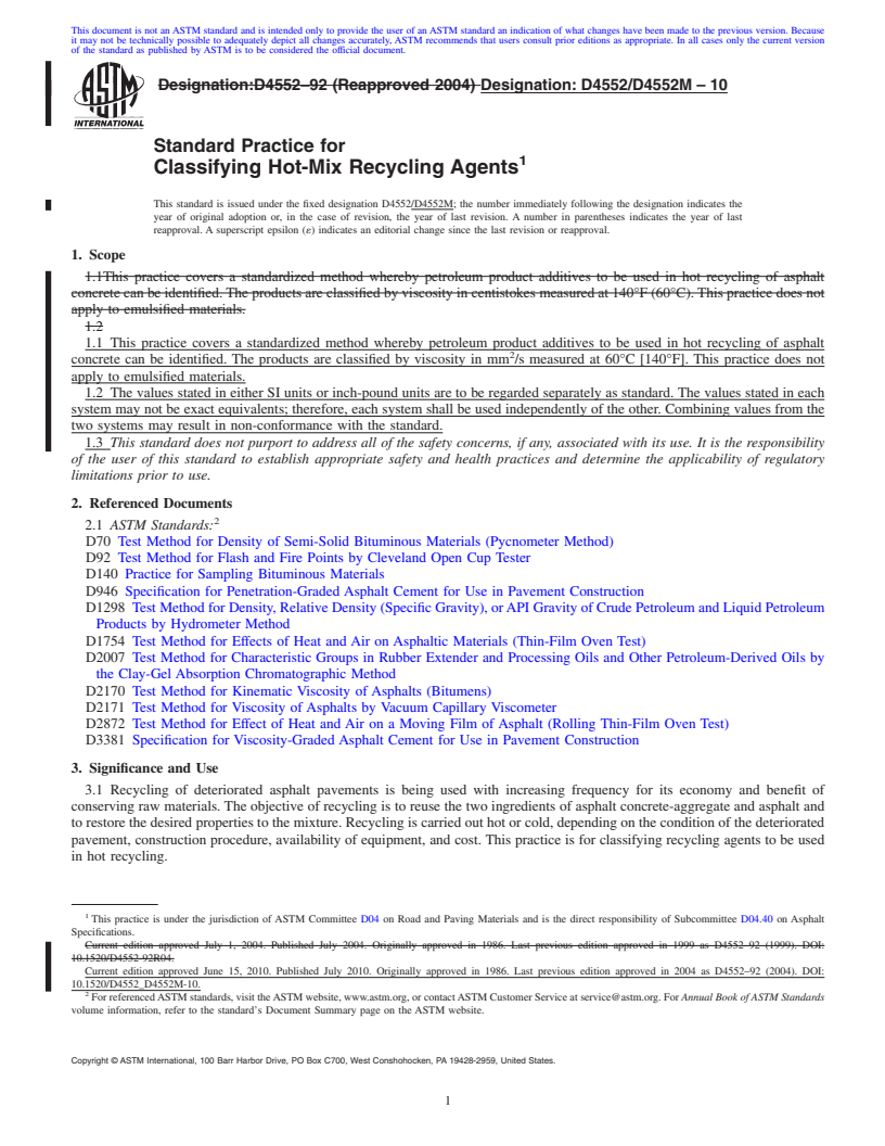 REDLINE ASTM D4552/D4552M-10 - Standard Practice for Classifying Hot-Mix Recycling Agents