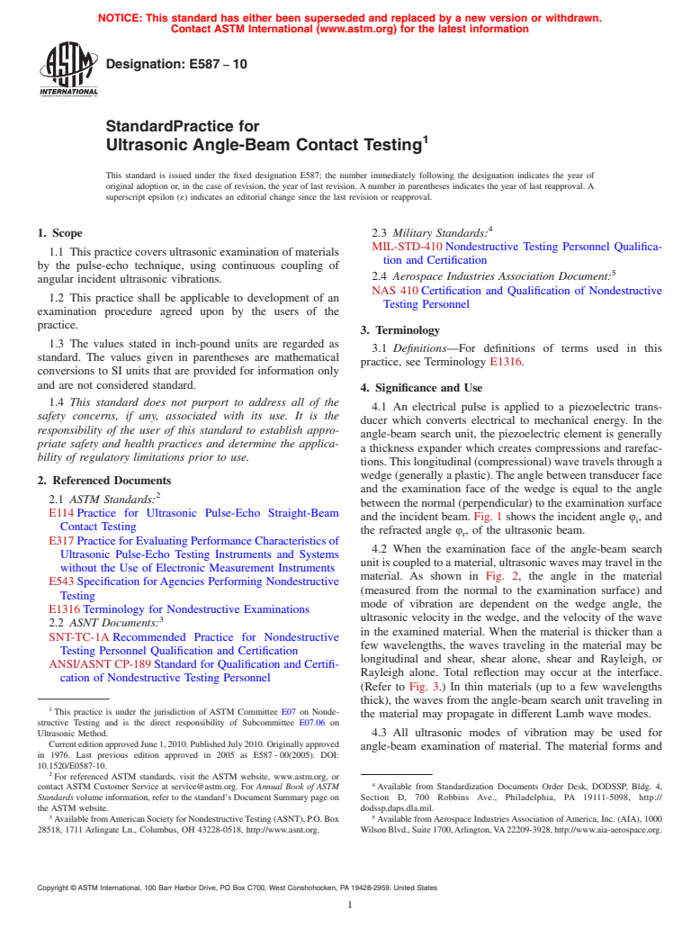 ASTM E587-10 - Standard Practice for Ultrasonic Angle-Beam Contact Testing