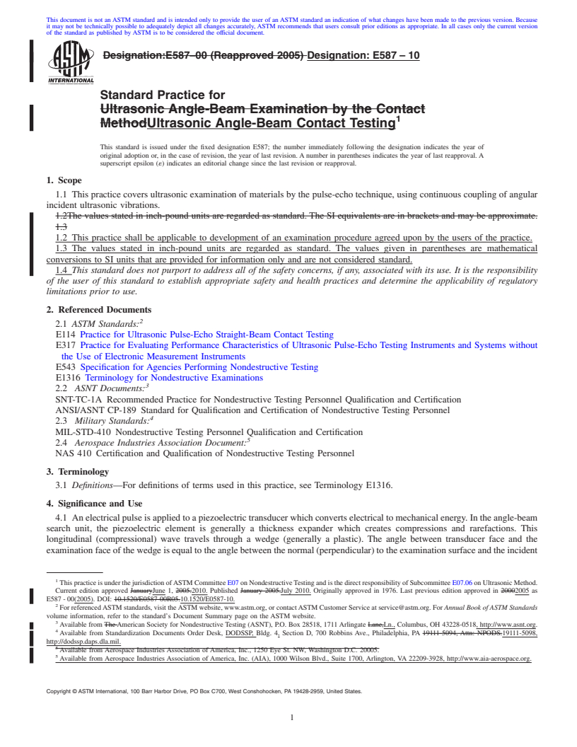 REDLINE ASTM E587-10 - Standard Practice for Ultrasonic Angle-Beam Contact Testing