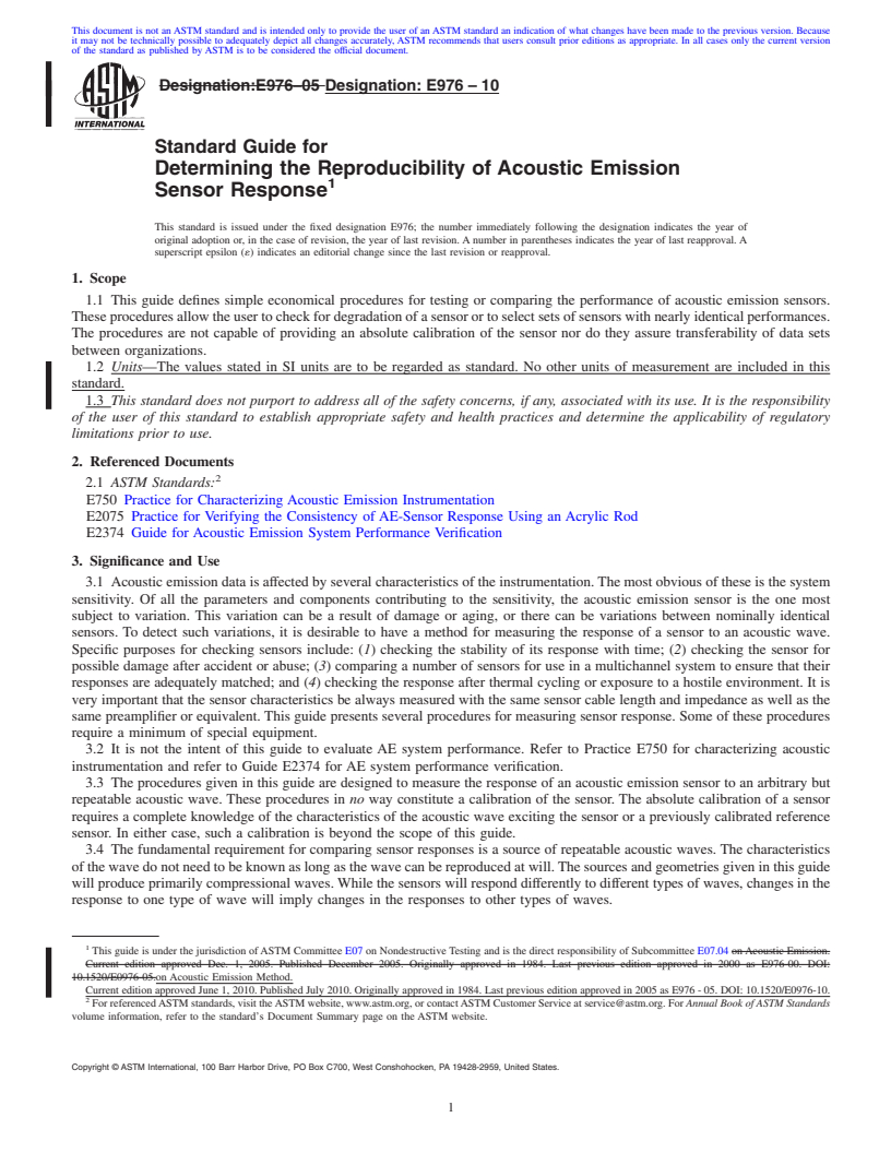 REDLINE ASTM E976-10 - Standard Guide for Determining the Reproducibility of Acoustic Emission Sensor Response