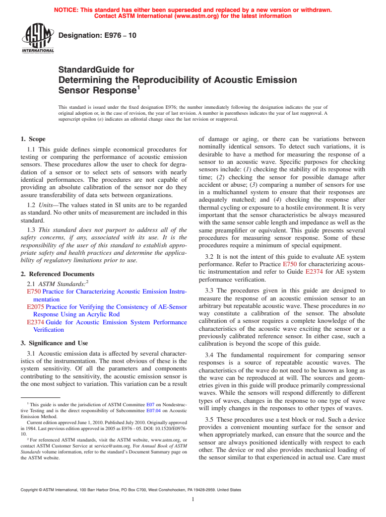 ASTM E976-10 - Standard Guide for Determining the Reproducibility of Acoustic Emission Sensor Response