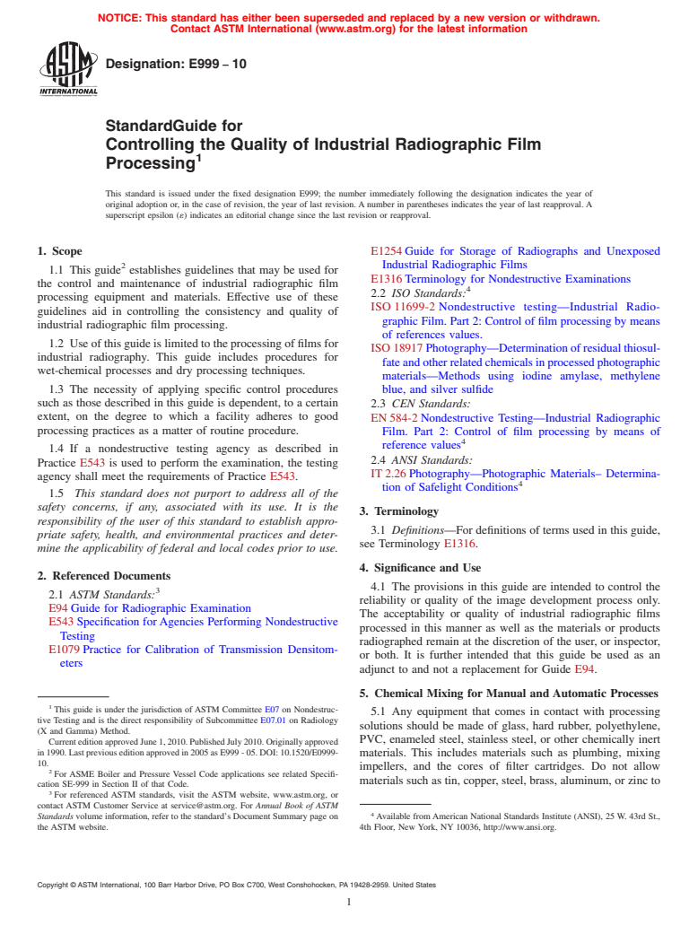 ASTM E999-10 - Standard Guide for Controlling the Quality of Industrial Radiographic Film Processing