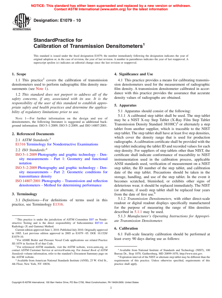 ASTM E1079-10 - Standard Practice for Calibration of Transmission Densitometers