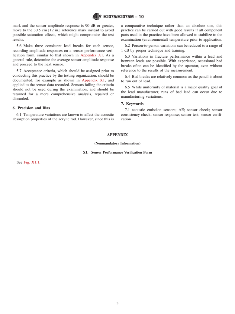 ASTM E2075/E2075M-10 - Standard Practice for Verifying the Consistency of AE-Sensor Response Using an Acrylic Rod