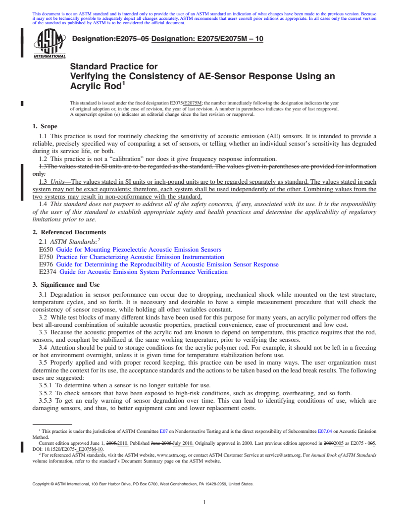 REDLINE ASTM E2075/E2075M-10 - Standard Practice for Verifying the Consistency of AE-Sensor Response Using an Acrylic Rod