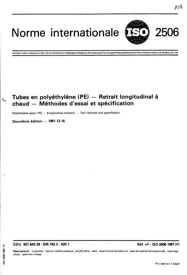 ISO 2506:1981 - Tubes en polyéthylene (PE) -- Retrait longitudinal a chaud -- Méthodes d'essai et spécification