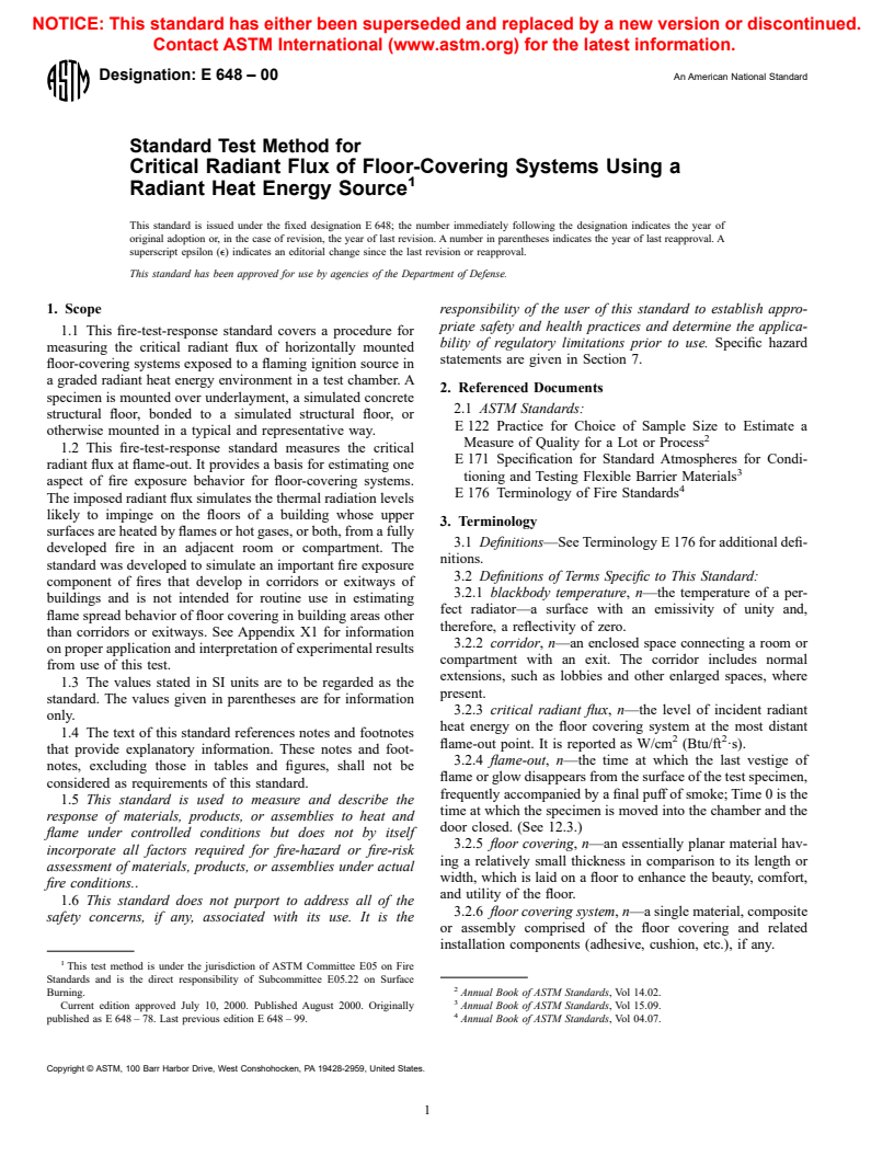 ASTM E648-00 - Standard Test Method for Critical Radiant Flux of Floor-Covering Systems Using a Radiant Heat Energy Source