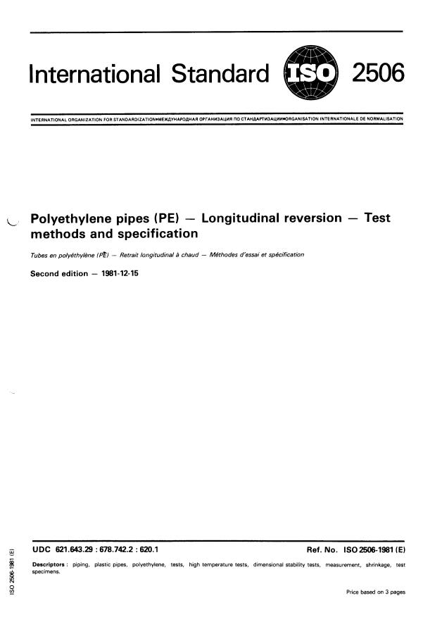 ISO 2506:1981 - Polyethylene pipes (PE) -- Longitudinal reversion -- Test methods and specification