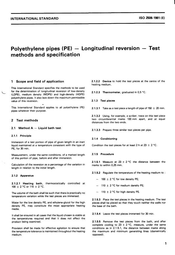 ISO 2506:1981 - Polyethylene pipes (PE) -- Longitudinal reversion -- Test methods and specification