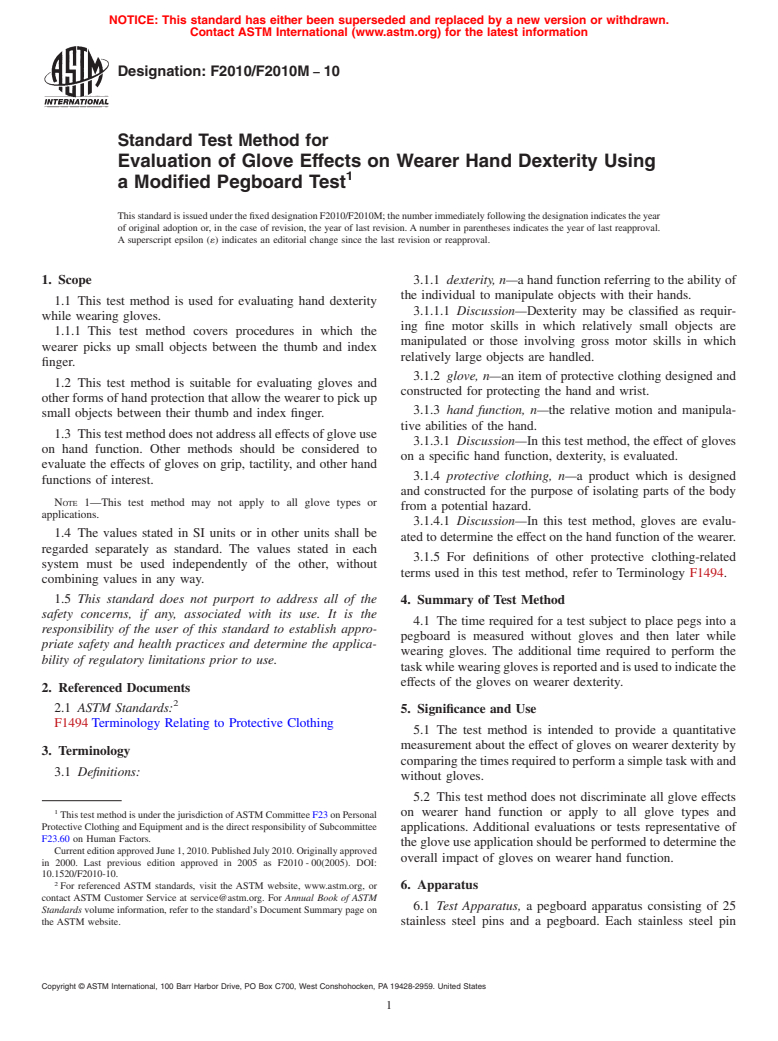 ASTM F2010/F2010M-10 - Standard Test Method for Evaluation of Glove Effects on Wearer Hand Dexterity Using a Modified Pegboard Test