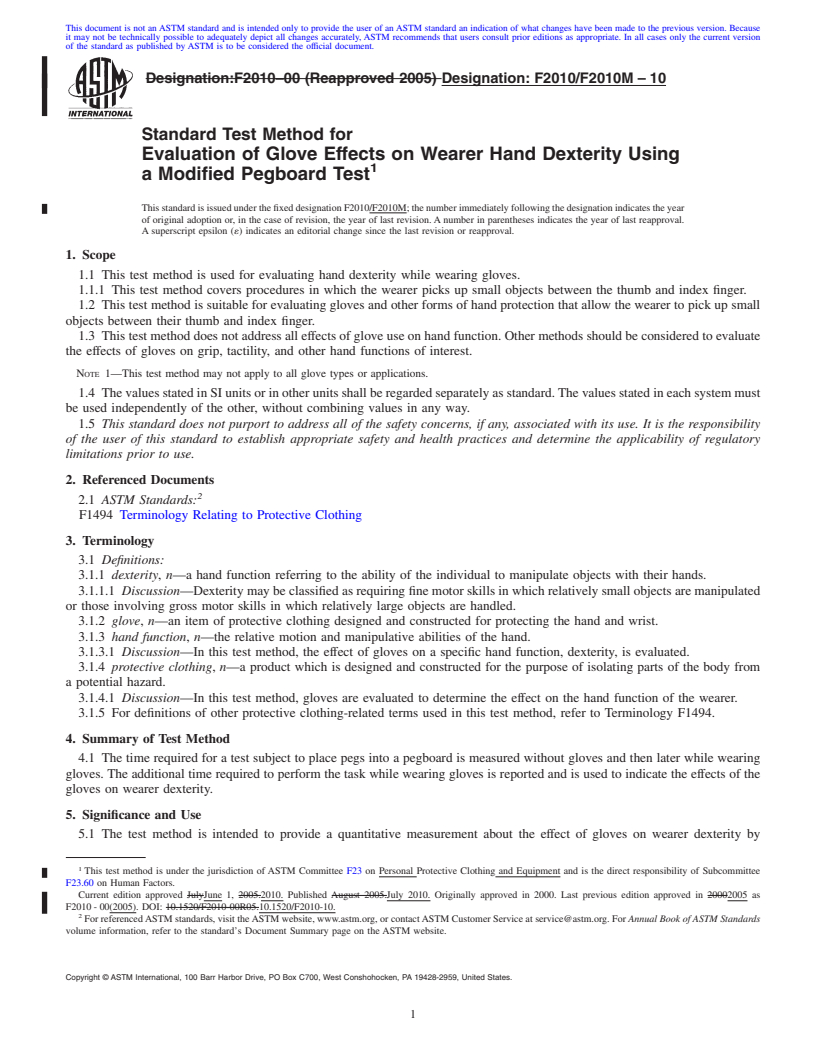 REDLINE ASTM F2010/F2010M-10 - Standard Test Method for Evaluation of Glove Effects on Wearer Hand Dexterity Using a Modified Pegboard Test