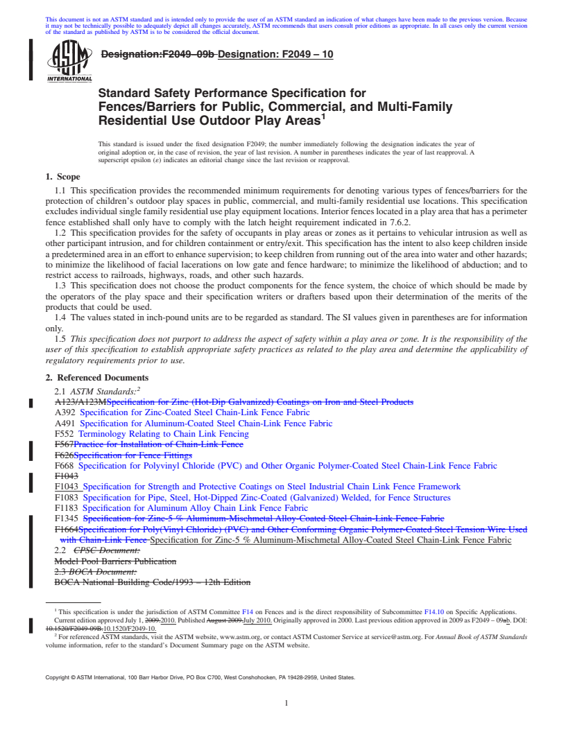 REDLINE ASTM F2049-10 - Standard Guide for Fences/Barriers for Public, Commercial, and Multi-Family Residential Use Outdoor Play Areas