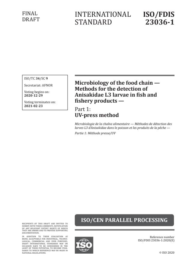 ISO/FDIS 23036-1:Version 26-dec-2020 - Microbiology of the food chain -- Methods for the detection of Anisakidae L3 larvae in fish and fishery products