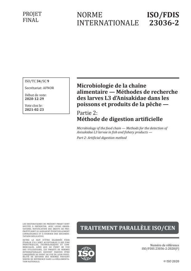 ISO/FDIS 23036-2:Version 16-jan-2021 - Microbiologie de la chaîne alimentaire -- Méthodes de recherche des larves L3 d'Anisakidae dans les poissons et produits de la peche